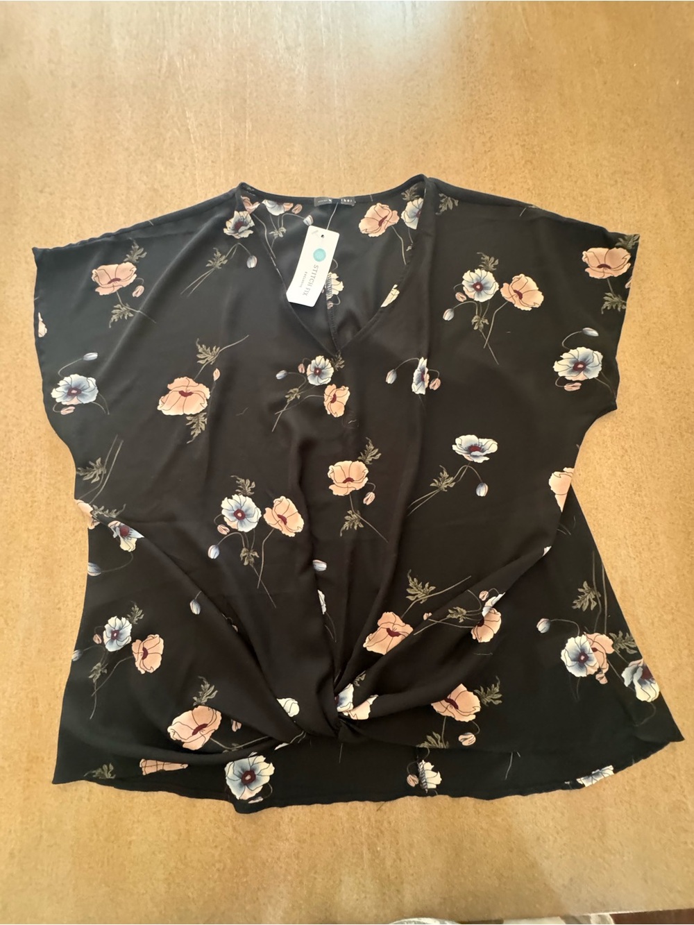 West Kei Black Floral Twist-Front V-Neck Blouse